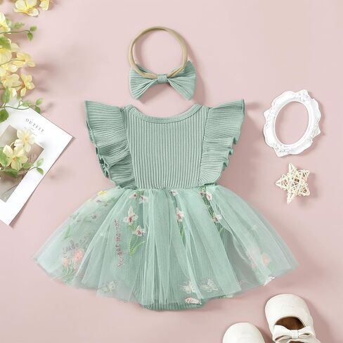Hnyenmcko Newborn Baby Girl Summer Romper Dress Infant Fly Sleeve Flower Embroidery Mesh Tulle Skirt Hem Ribbed Bodysuit in Kuwait
