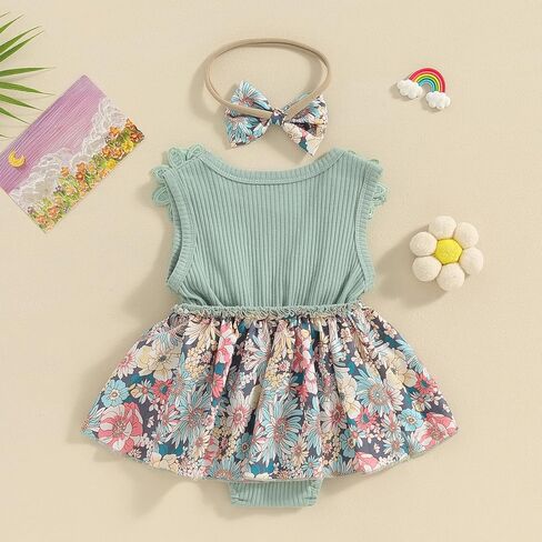Hnyenmcko Newborn Baby Girl Summer Romper Dress Infant Fly Sleeve Flower Embroidery Mesh Tulle Skirt Hem Ribbed Bodysuit in Kuwait