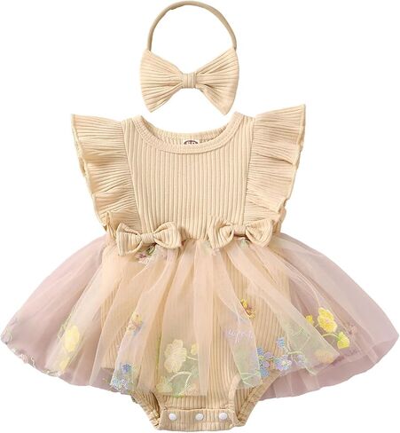 Hnyenmcko Newborn Baby Girl Summer Romper Dress Infant Fly Sleeve Flower Embroidery Mesh Tulle Skirt Hem Ribbed Bodysuit in Kuwait