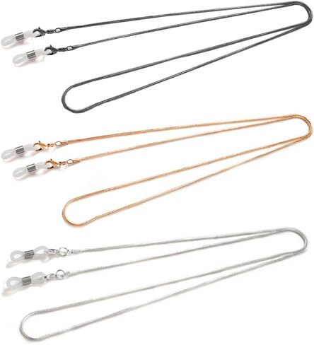 Borsgye 3 قطع نظارات على شكل ثعبان سلسلة حامل للقراءة والحبال الزجاجية وحبل معدني للنظارات وسلسلة معدنية وقلادة معدنية وحزام للنظارات الشمسية مع أطراف مطاطية - فضي وردي ذهبي أسود in Kuwait