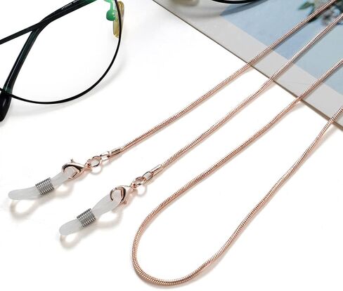 Borsgye 3 قطع نظارات على شكل ثعبان سلسلة حامل للقراءة والحبال الزجاجية وحبل معدني للنظارات وسلسلة معدنية وقلادة معدنية وحزام للنظارات الشمسية مع أطراف مطاطية - فضي وردي ذهبي أسود in Kuwait