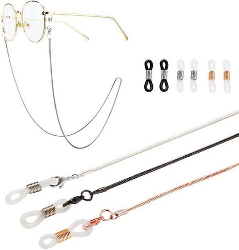 Borsgye 3 قطع نظارات على شكل ثعبان سلسلة حامل للقراءة والحبال الزجاجية وحبل معدني للنظارات وسلسلة معدنية وقلادة معدنية وحزام للنظارات الشمسية مع أطراف مطاطية - فضي وردي ذهبي أسود in Kuwait