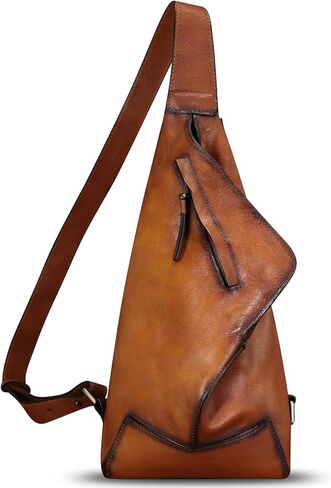 حقيبة ظهر من الجلد الطبيعي من FEIGITOR حقيبة ظهر كلاسيكية بحمالة كروس مصنوعة يدويًا على الصدر والكتف والمشي لمسافات طويلة حقيبة نهارية ومحفظة لركوب الدراجات (بني) in Kuwait