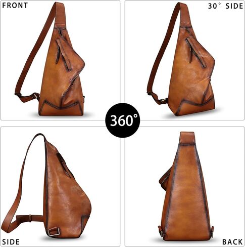 حقيبة ظهر من الجلد الطبيعي من FEIGITOR حقيبة ظهر كلاسيكية بحمالة كروس مصنوعة يدويًا على الصدر والكتف والمشي لمسافات طويلة حقيبة نهارية ومحفظة لركوب الدراجات (بني) in Kuwait