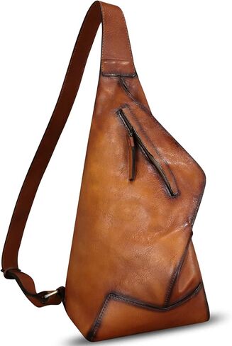 حقيبة ظهر من الجلد الطبيعي من FEIGITOR حقيبة ظهر كلاسيكية بحمالة كروس مصنوعة يدويًا على الصدر والكتف والمشي لمسافات طويلة حقيبة نهارية ومحفظة لركوب الدراجات (بني) in Kuwait