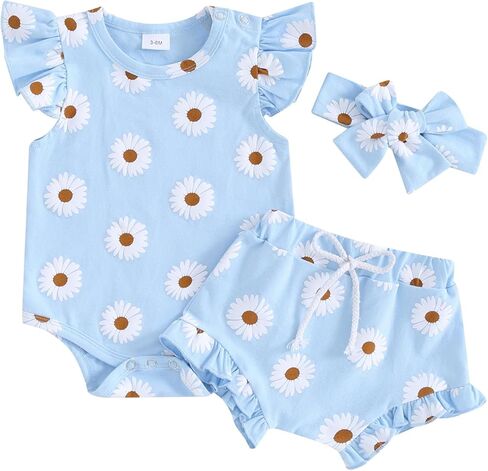 Molgkyo Infant Baby Girl Summer Outfit Daisy Print Sleeveless Romper + Ruffle Bloomer Shorts + Headband Newborn Clothes Set in Saudi Arabia