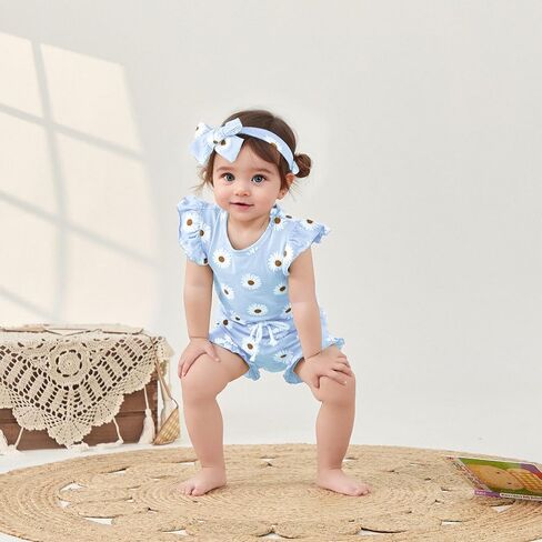 Molgkyo Infant Baby Girl Summer Outfit Daisy Print Sleeveless Romper + Ruffle Bloomer Shorts + Headband Newborn Clothes Set in Saudi Arabia