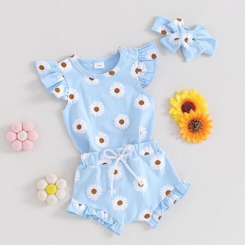 Molgkyo Infant Baby Girl Summer Outfit Daisy Print Sleeveless Romper + Ruffle Bloomer Shorts + Headband Newborn Clothes Set in Saudi Arabia