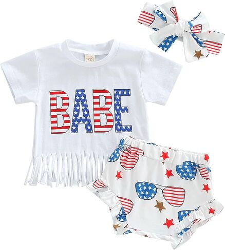 BemeyourBBs 0-6 Years Matching Sister 4th of July Outfit American Flag Tassel T-Shirt Shorts or Flared Pants with Headband in Saudi Arabia