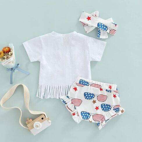 BemeyourBBs 0-6 Years Matching Sister 4th of July Outfit American Flag Tassel T-Shirt Shorts or Flared Pants with Headband in Saudi Arabia
