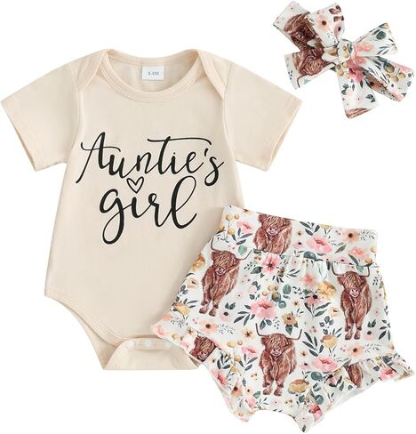Newborn Baby Girl Summer Outfits Auntie's Bestie Short Sleeve Romper Floral Print Shorts Headband 3Pcs Cute Clothes in Saudi Arabia