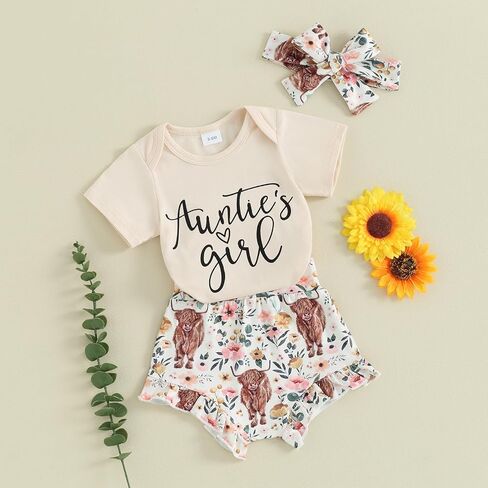 Newborn Baby Girl Summer Outfits Auntie's Bestie Short Sleeve Romper Floral Print Shorts Headband 3Pcs Cute Clothes in Saudi Arabia