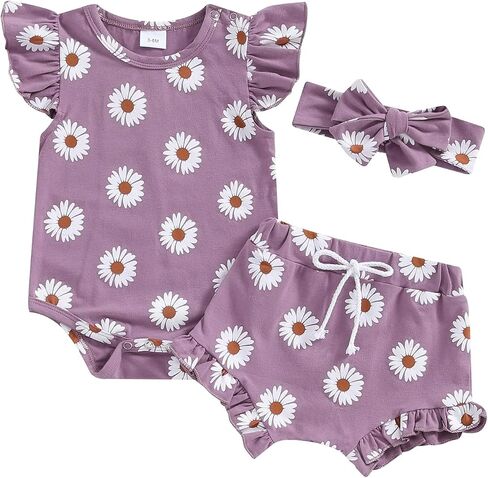 Molgkyo Infant Baby Girl Summer Outfit Daisy Print Sleeveless Romper + Ruffle Bloomer Shorts + Headband Newborn Clothes Set in Saudi Arabia