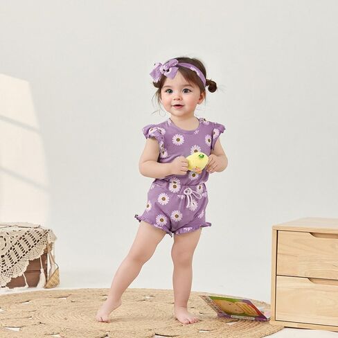 Molgkyo Infant Baby Girl Summer Outfit Daisy Print Sleeveless Romper + Ruffle Bloomer Shorts + Headband Newborn Clothes Set in Saudi Arabia