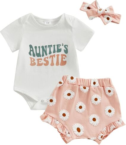Newborn Baby Girl Summer Outfits Auntie's Bestie Short Sleeve Romper Floral Print Shorts Headband 3Pcs Cute Clothes in Saudi Arabia
