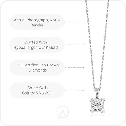 IGI Certified 1/4 to 3 Carat Princess Cut Lab Grown Diamond Square Pendant Necklace for Women in 14K Gold or 925 Sterling Silver (D-E-F/G-H, VS1-VS2, 0.25 to 3.00 cttw) 16-18 Inch Chain in Kuwait