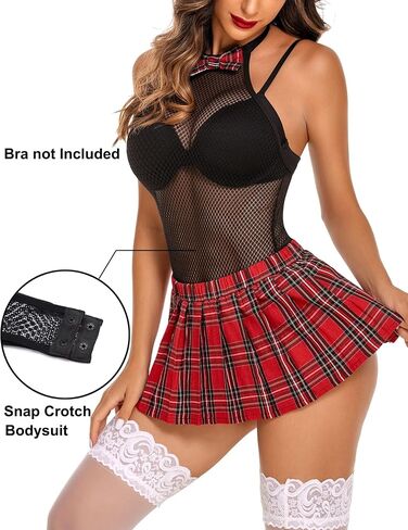 Avidlove Women Schoolgirl Lingerie Sexy Roleplay Lingerie Set Student Snap Crotch Bodysuit and Mini Skirt in Kuwait