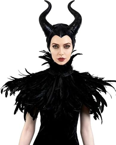 L'VOW Gothic Black Feather Cape Shawl with Maleficent Horns for Halloween Crow Costume in Kuwait