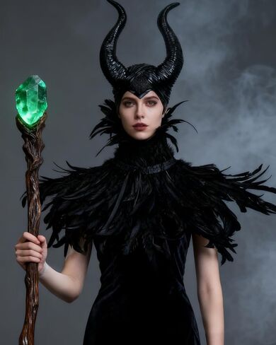 L'VOW Gothic Black Feather Cape Shawl with Maleficent Horns for Halloween Crow Costume in Kuwait