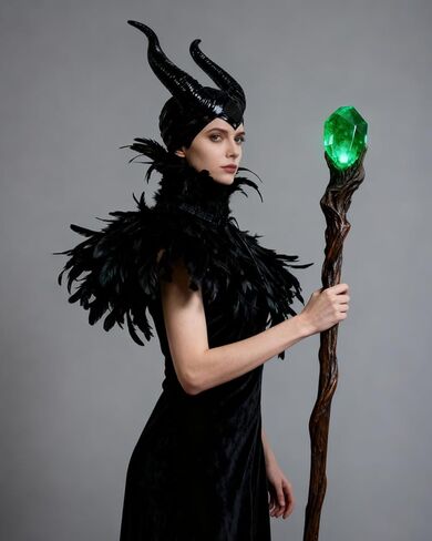 L'VOW Gothic Black Feather Cape Shawl with Maleficent Horns for Halloween Crow Costume in Kuwait