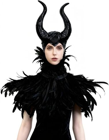 L'VOW Gothic Black Feather Cape Shawl with Maleficent Horns for Halloween Crow Costume in Kuwait