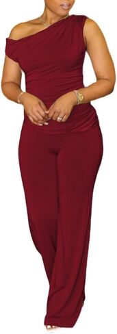 HBQ Women's Summer 2 Piece Outfits Casual Tracksuit One Shoulder Asymmetrical Short Sleeve Wide Leg Long Pant Lounge Sets-L-Green in Saudi Arabia