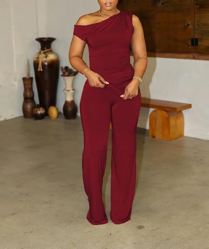 HBQ Women's Summer 2 Piece Outfits Casual Tracksuit One Shoulder Asymmetrical Short Sleeve Wide Leg Long Pant Lounge Sets-L-Green in Saudi Arabia