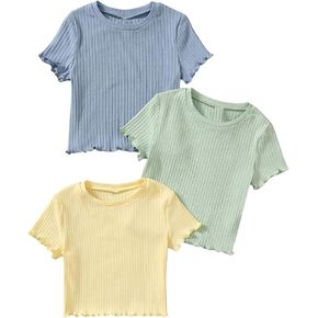 OYOANGLE Girl's 3Pcs Rib-Knit Short Sleeve Crop Top Crew Neck Lettuce Trim Crop Tee Top in Saudi Arabia
