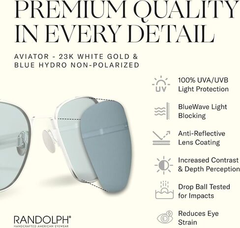 Randolph USA | 23k White Gold Classic Aviator Sunglasses for Men or Women Polarized 100% UV in Kuwait