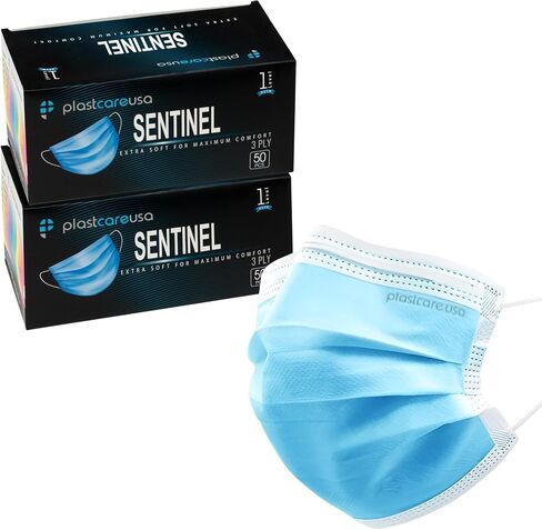 Plastcare USA ASTM المستوى 1 أقنعة الوجه 3-ply ، أقنعة زرقاء يمكن التخلص منها في 50 أو 1000 حزمة in Saudi Arabia