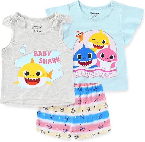 تي شيرت للفتيات من Nickelodeon Baby Shark، تي شيرت بدون أكمام ومجموعة قصيرة للرضع والأطفال الصغار - وردي/أزرق أو متعدد الألوان/رمادي/أزرق in Kuwait