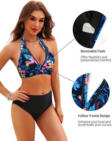 Tempt Me Women Halter Bikini Top Padded Swimsuit Top V Neck Bathing Suit Tops Only in Kuwait