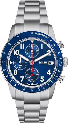Fossil Men's Sport Tourer Quartz Stainless Steel Chronograph Watch, Color: Silver/Blue (Model: FS6047) in Saudi Arabia
