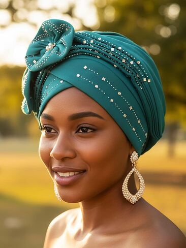Woeoe Beanie Cap Head Wrap Black Rhinestones Head Scarf Flower Pearls Twisted Head Turban for Women Girls in Kuwait