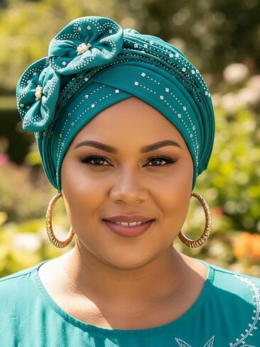 Woeoe Beanie Cap Head Wrap Black Rhinestones Head Scarf Flower Pearls Twisted Head Turban for Women Girls in Kuwait