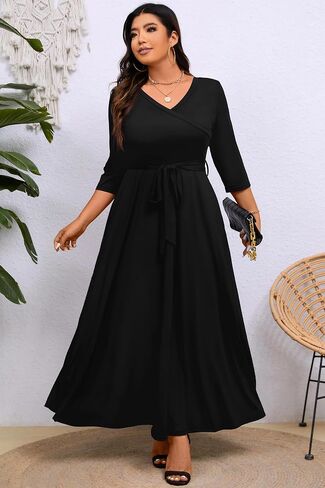 Runwind Plus Size Dress for Women - 3/4 Sleeve V Neck Printing Maxi Dresses for Women （XL-6XL） in Saudi Arabia