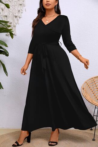 Runwind Plus Size Dress for Women - 3/4 Sleeve V Neck Printing Maxi Dresses for Women （XL-6XL） in Saudi Arabia