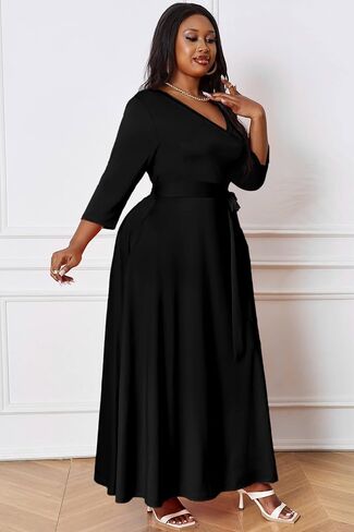 Runwind Plus Size Dress for Women - 3/4 Sleeve V Neck Printing Maxi Dresses for Women （XL-6XL） in Saudi Arabia