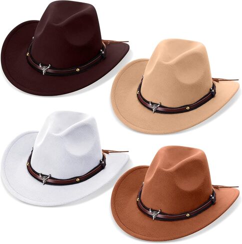 Foaincore 4 Pcs Unisex Western Cowboy Hat American Faux Fur Felt Fedora Hats Outback Wide Brim Felt Travel Cap for Men Women in Kuwait