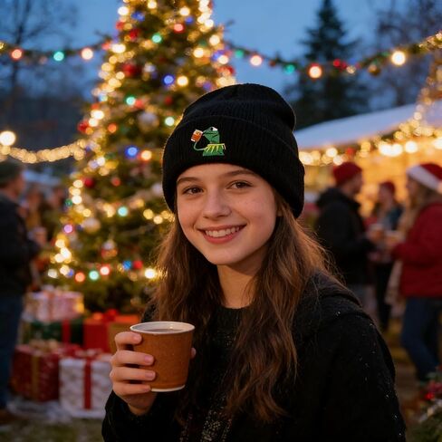 قبعة الشتاء كيرميت الضفدع التي تحتسي الشاي، قبعة دافئة ناعمة كبيرة الحجم محبوكة بكابل سميك للجنسين، قبعات متماسكة على شكل جمجمة... in Kuwait