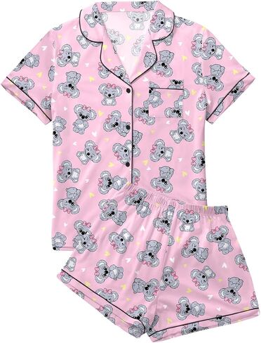 LYANER Women's Pajamas Set Heart Print Button Short Sleeve Shirt with Shorts Sleepwear PJs Set in Kuwait
