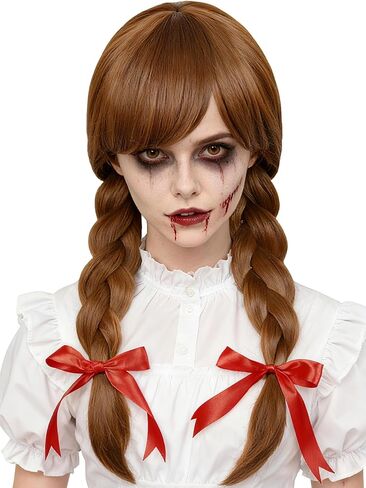 Uniquebe Long Braided Black Middle Part Cosplay Wig with Ribbon-bow Women's Heat Synthetic Fiber Cos Wigs Role Playing Prop + Wig Net Cap for Halloween Costume Daily in Kuwait