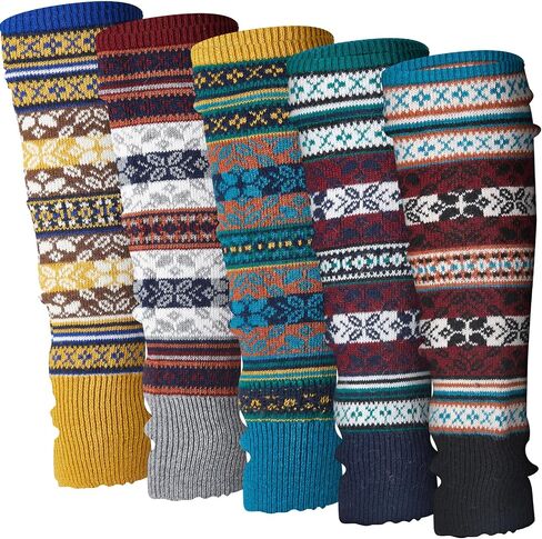 Liitrsh 5 Pairs Boho Long Leg Warmers for Women Girls Winter Wool Bohemian Leg Warmers with Crochet Flowers Boho Knitted Warm Boot Thigh High Socks for Winter Xmas in Saudi Arabia