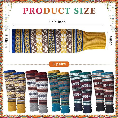 Liitrsh 5 Pairs Boho Long Leg Warmers for Women Girls Winter Wool Bohemian Leg Warmers with Crochet Flowers Boho Knitted Warm Boot Thigh High Socks for Winter Xmas in Saudi Arabia