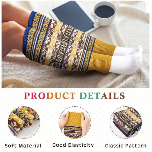 Liitrsh 5 Pairs Boho Long Leg Warmers for Women Girls Winter Wool Bohemian Leg Warmers with Crochet Flowers Boho Knitted Warm Boot Thigh High Socks for Winter Xmas in Saudi Arabia