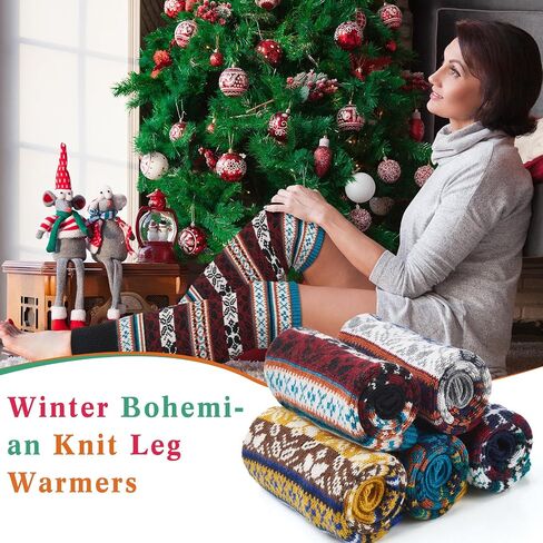 Liitrsh 5 Pairs Boho Long Leg Warmers for Women Girls Winter Wool Bohemian Leg Warmers with Crochet Flowers Boho Knitted Warm Boot Thigh High Socks for Winter Xmas in Saudi Arabia