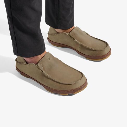 OLUKAI Moloa Men's Leather Slip On Shoes, Waxed Nubuck Leather & Soft Moisture-Wicking Lining, Drop-in Heel & All Weather Rubber Soles, Dk Wood/Dk Java, 11 in Saudi Arabia
