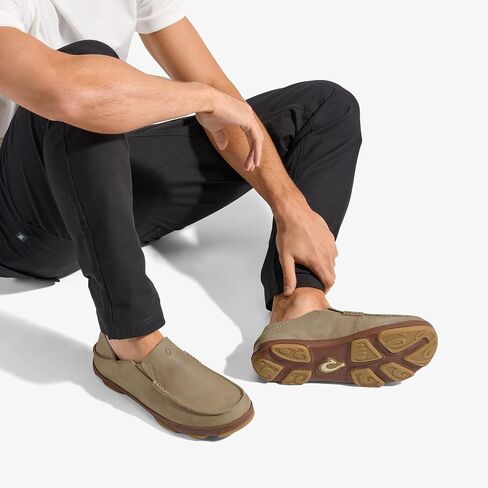 OLUKAI Moloa Men's Leather Slip On Shoes, Waxed Nubuck Leather & Soft Moisture-Wicking Lining, Drop-in Heel & All Weather Rubber Soles, Dk Wood/Dk Java, 11 in Saudi Arabia