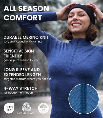 Merino Wool Base Layer Women Long Sleeve Half Zip Shirt (X-Large, 250 Deep Teal) in Saudi Arabia