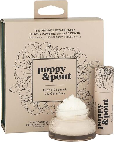 Poppy & Pout Lip Care Set | Lip Balm & Scrub | Sustainable Cardboard Tubes & Glass Jars, All Natural, Beeswax, Coconut Oil, Cruelty Free, Exfoliating & Moisturizing Lip Treatment (Island Coconut) in Kuwait